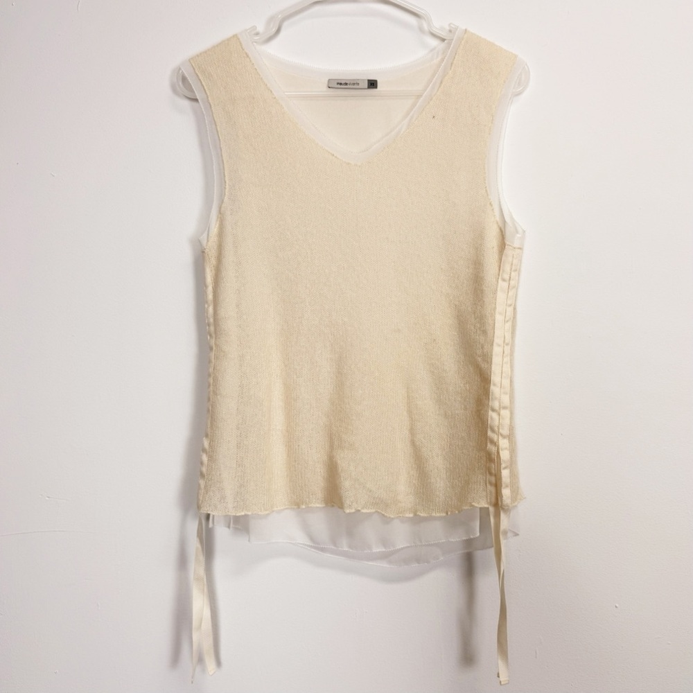 Maude Vivante Sweater Blouse Womens XS Ivory Layered Sleeveless Bow Side